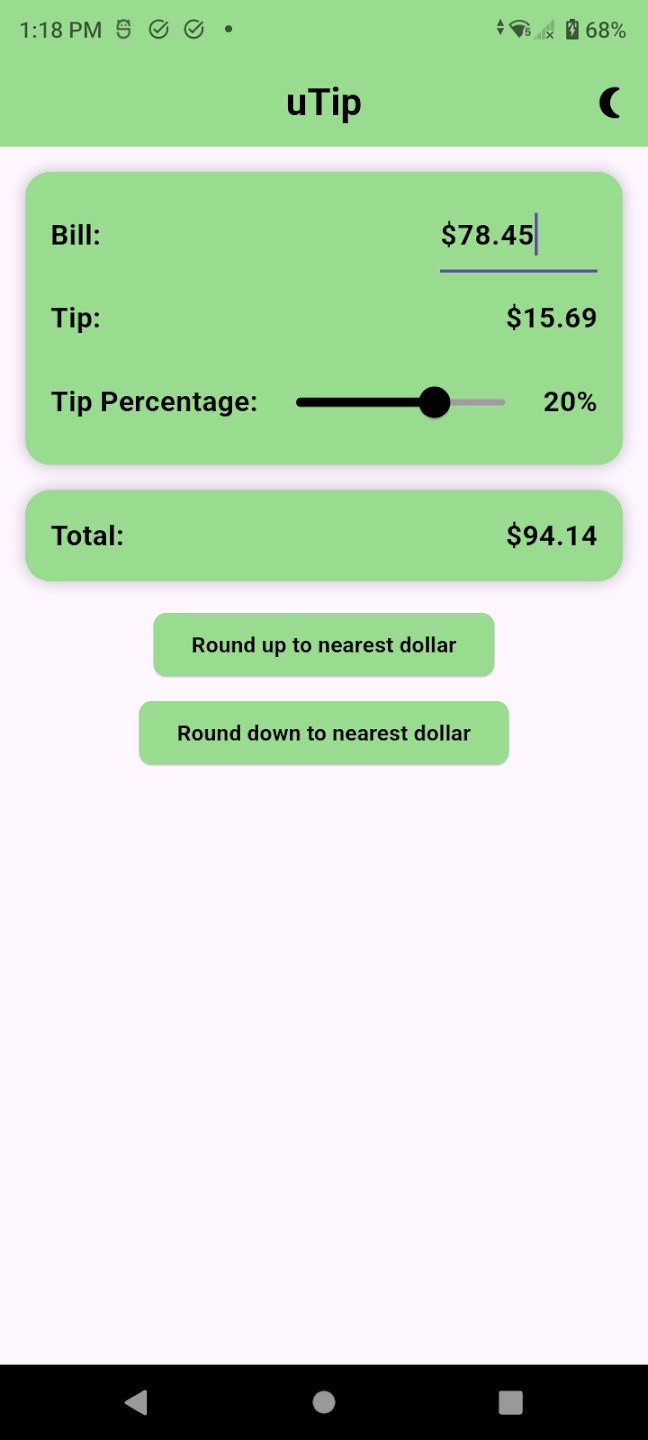 uTip interface showing a bill amount, adjustable tip percentage, calculated total, and buttons to round up or down